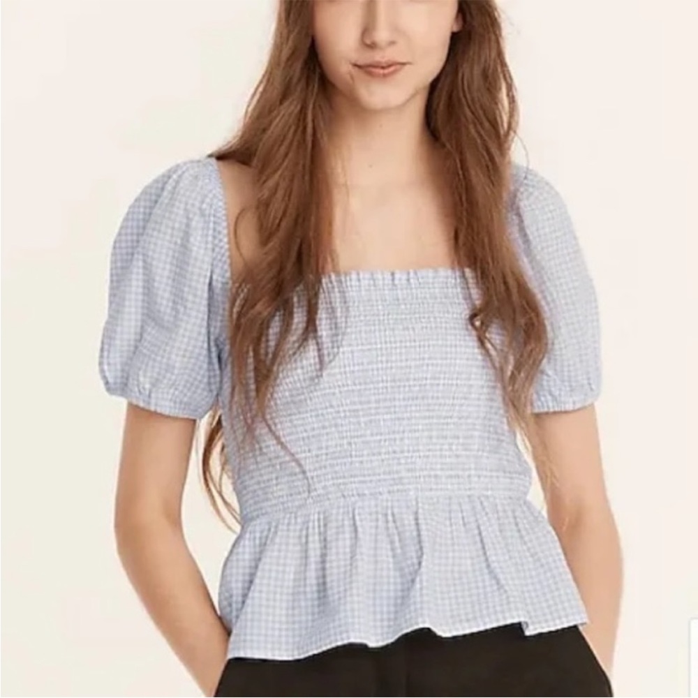 J Crew Squareneck smocked cotton voile top in gingham